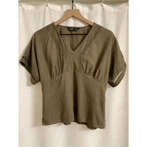 Simply Vera Vera Wang Linen Blend Olive V-Neck Peasant Blouse XS